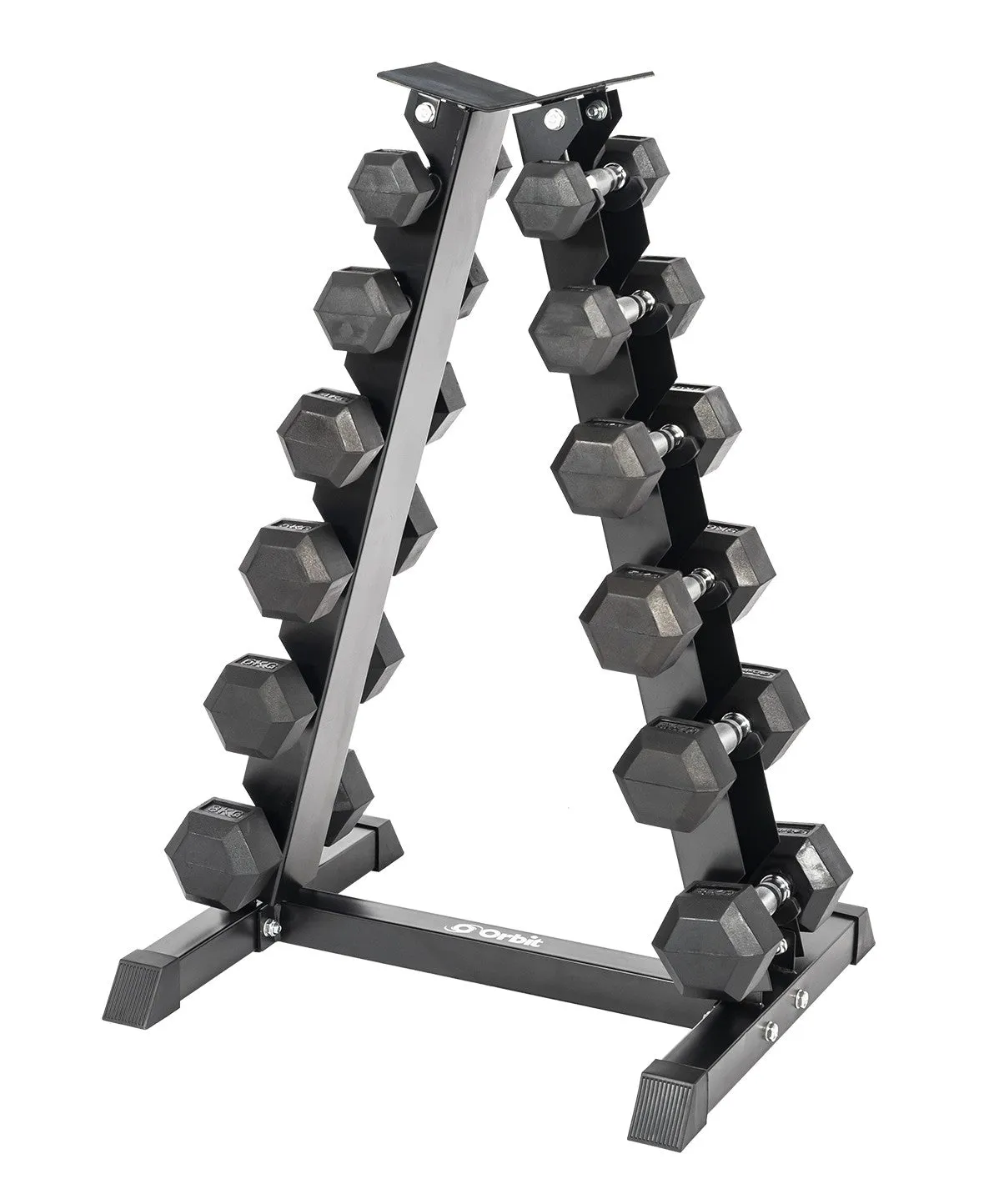 6 Tier Dumbbell Rack with 8kg - 20kg Pair Rubber Hex Dumbbell Set - Package Deal Orbit Fitness