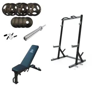 Muscle Motion Half Rack, Bench, Olympic Bar and Weights (Package Price)