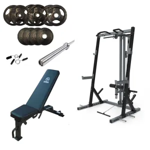 Muscle Motion Package Deal - HR1001 Half Rack & High Low Pulley, Adjustable Bench, Olympic Bar and 105kg Olympic Weights