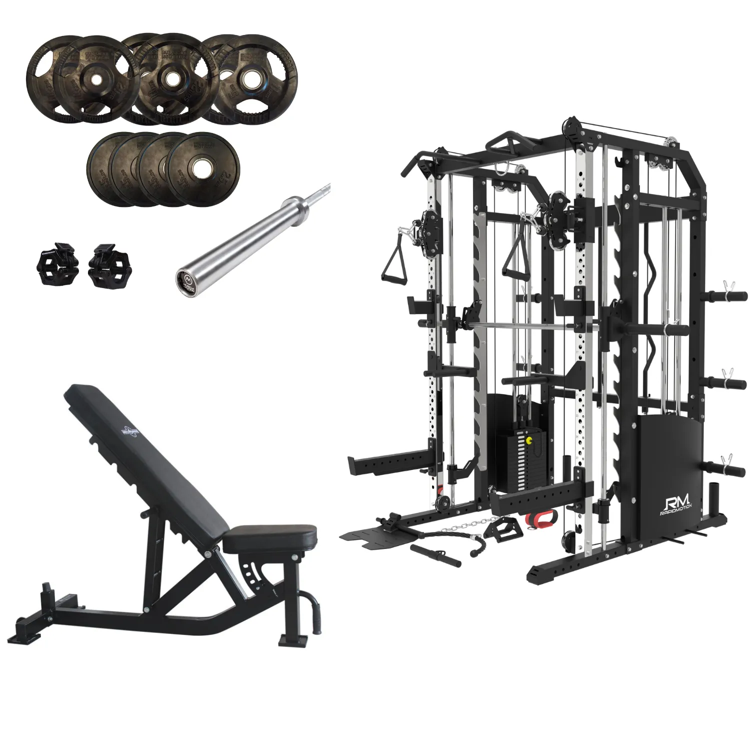 Rapid Motion FT1008 Commercial Smith Machine Power Rack and Functional Trainer 3 in 1 Package