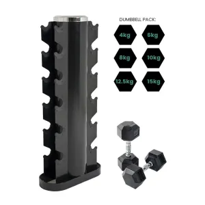 Rubber Dumbbell and 6-Tier Vertical Storage Rack Package Deal Orbit Fitness